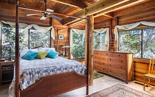 conjunto de muebles de dormitorio de madera marrón de 3 piezas, dormitorio, cama, diseño, interior, cómoda, Fondo de pantalla HD HD wallpaper