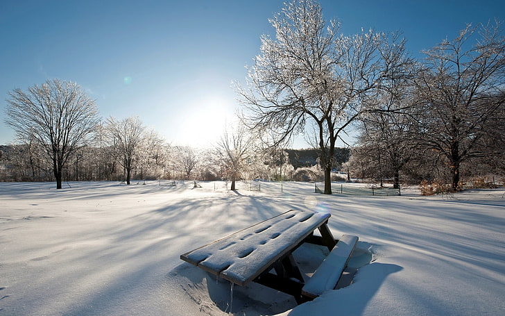 кафява дървена маса за пикник, светлина, слънце, зима, маса, пейки, снежни преспи, сняг, покривало, парк, небе, ясно, HD тапет