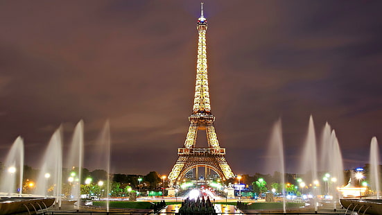 landmark, tower, eiffel tower, cityscape, night, sky, paris, tourist attraction, france, metropolis, fountain, trocadero fountains, evening, europe, HD wallpaper HD wallpaper