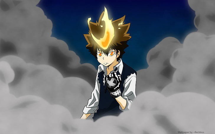 male anime charater, аnime, boy, anger, fire, cloud, HD wallpaper