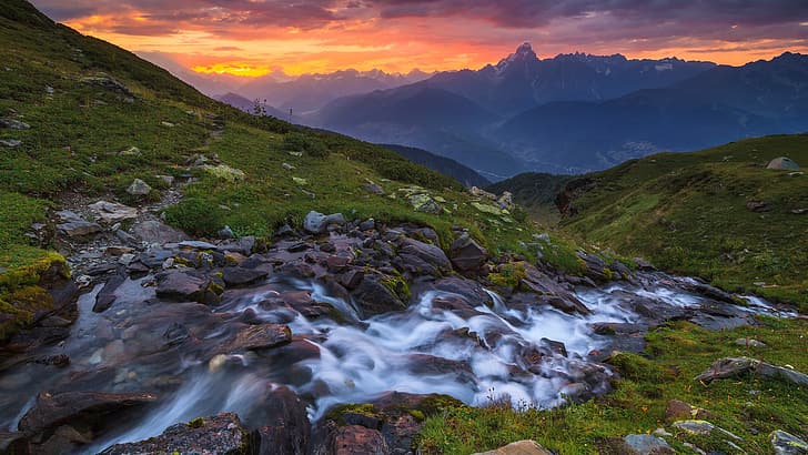 grass, river, sky, landscape, nature, sunset, water, mountains, clouds, rocks, Georgia, stream, far view, Caucasus Mountains, HD wallpaper