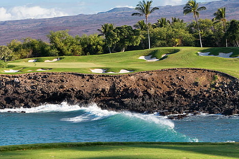 Hawaii Beach Golf Course, island, view, black, hawaiian, dramatic, ocean, waves, golf, paradise, kauai, rock, volcanic, course, beach, hawai, HD wallpaper HD wallpaper