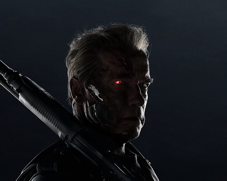 Aksi, Merah, Senjata, Kegelapan, Robot, Senjata, Arnold Schwarzenegger, Wajah, Film, Film, Petualangan, Sci-Fi, Thriller, Bahaya, 2015, Terminator 5, Terminator Genisys, Eyes Eye, Wallpaper HD