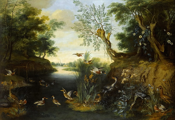 роспись на зеленом листовом дереве, животные, деревья, река, картина, Ян Брейгель младший, речной пейзаж с птицами, HD обои