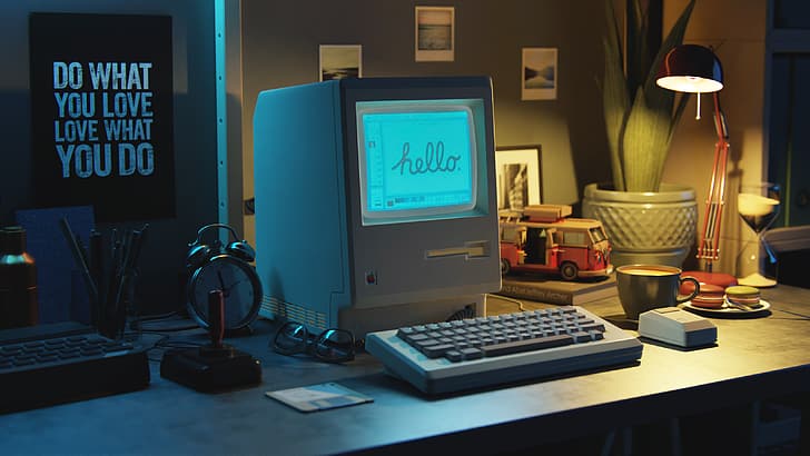 w pomieszczeniach, komputery retro, Apple Inc., Andrew Averkin, grafika, sztuka cyfrowa, Macintosh, noc, biuro, Tapety HD