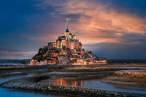 a cidade, França, Normandia, Mont-Saint-Michel, a montanha do Arcanjo Miguel, a fortaleza da ilha de, HD papel de parede HD wallpaper