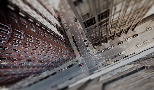 brown high-rise building, aerial view of gray road, tilt shift, bird's eye view, road, street, city, urban, building, architecture, car, heights, aerial view, HD wallpaper HD wallpaper