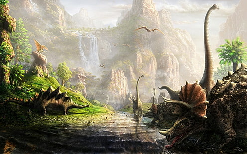 dinosaurs, fantasy art, Triceratops, river, cliff, animals, HD wallpaper HD wallpaper