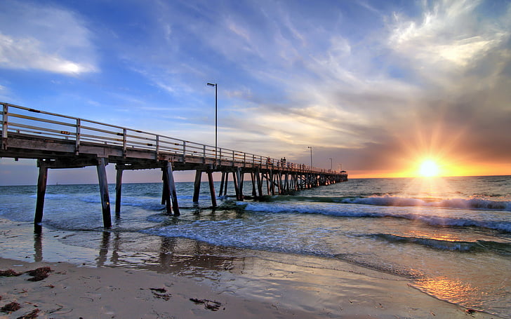 Аделаида, Австралия, плаж, мост, гранж, пейзаж, океан, море, юг, вълни, HD тапет