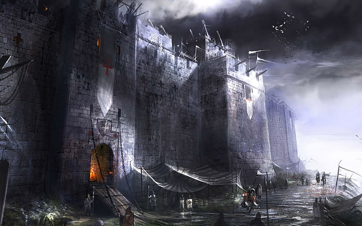 illustrazione di castello grigio, fantasy art, arte digitale, castello, medievale, Sfondo HD