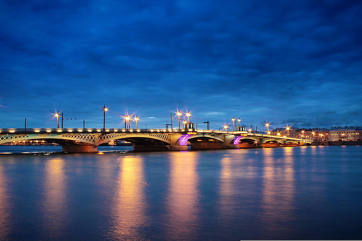 осветен мост, река, Русия, крайбрежна алея, Петър, Санкт Петербург, Нева, Санкт Петербург, HD тапет