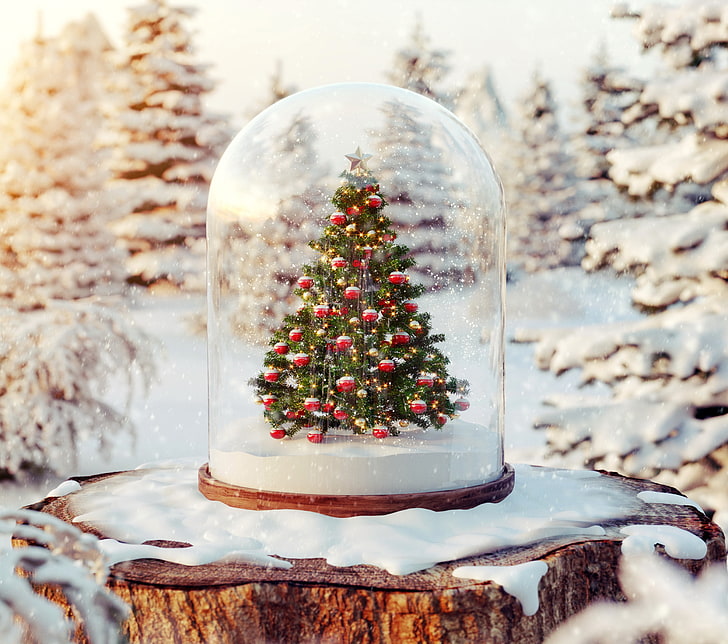 Julgransnöklot, bollar, snö, träd, vinter, god jul, julgran, HD tapet