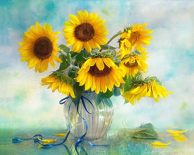 Stworzone przez człowieka, kwiat, ziemia, martwa natura, słonecznik, wazon, żółty kwiat, Tapety HD HD wallpaper