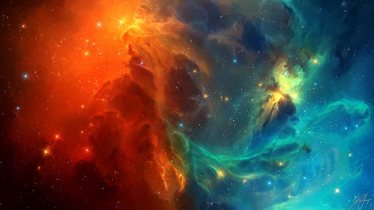 Nebulosa espacial, galaxias azules y rojas, nebulosa roja y verde, espacio, nebulosa, azul, rojo, galaxias, Fondo de pantalla HD