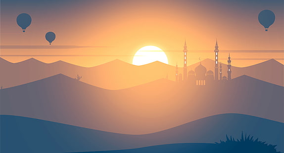 silueta de globos aerostáticos y montaña, Sunset, Mosque, globos aerostáticos, Landscape, Minimal, 4K, Fondo de pantalla HD HD wallpaper