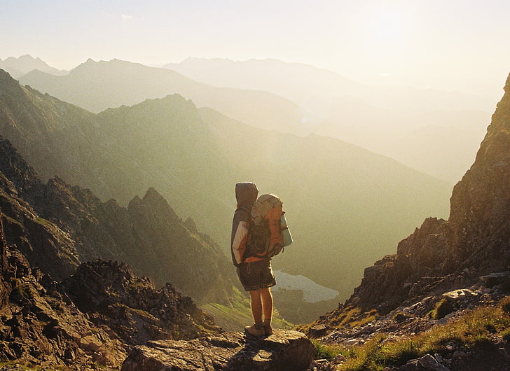 black and orange backpackl, traveller, mountains, bag, alone, nature, HD wallpaper