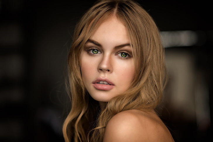 women, Anastasia Scheglova, depth of field, green eyes, blonde, model, portrait, face, long hair, open mouth, HD wallpaper