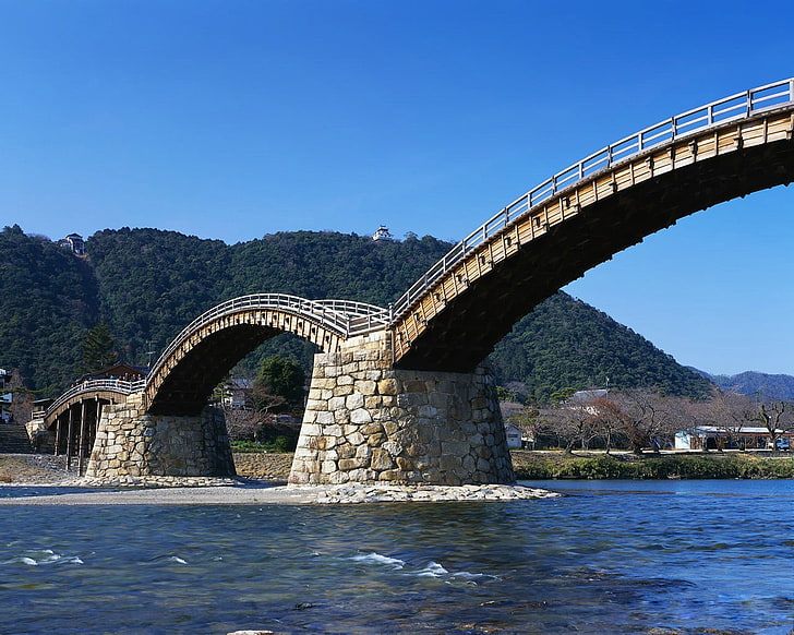 gray concrete walk bridge, Bridge, River, Japan, HD wallpaper