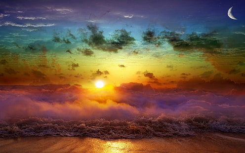 Луна, слънце, спад, вечер, сливане, ден, нощ, море, вълни, мъгла, облаци, HD тапет HD wallpaper