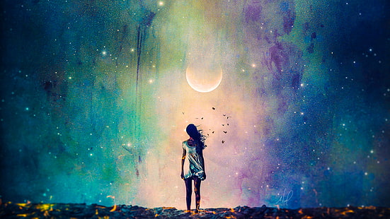 الفنية ، الخيال ، وحده ، اكتمال القمر ، فتاة ، حزينة ، سماء، خلفية HD HD wallpaper