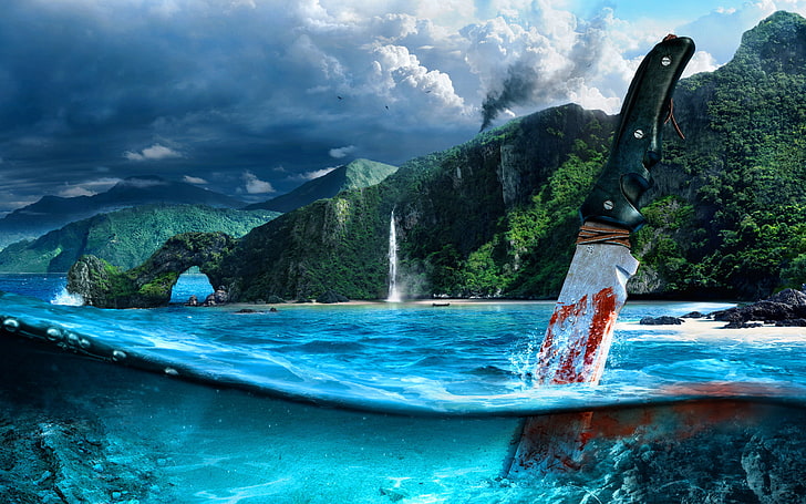 body of water, sea, mountains, blood, knife, shooter, Far cry 3, HD wallpaper