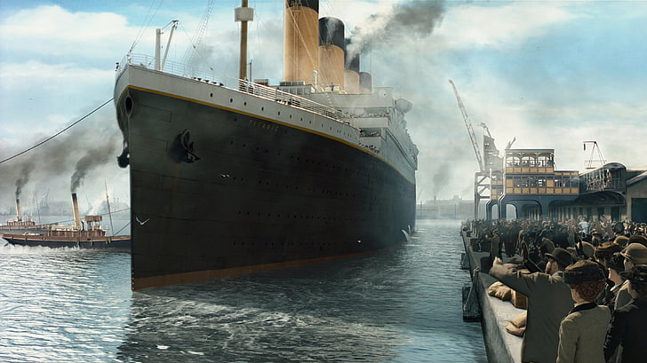 ångkryssningsfartyg animerad tapet, pir, figur, liner, människor, Titanic, passagerare, bogserbåtar, avfall, HD tapet