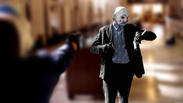 człowiek w masce klauna zrzut ekranu z filmu, Joker, Batman, sztuka cyfrowa, Mroczny rycerz, klauni, MessenjahMatt, Heath Ledger, filmy, pistolet, maska, głębia ostrości, Tapety HD