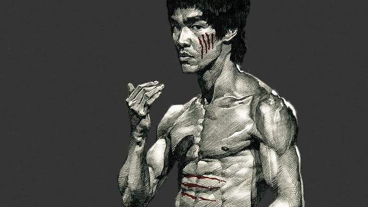 Bruce Lee Taunting HD, sang, Bruce Lee, combats, gris, rayé, raillerie, railleries, Fond d'écran HD