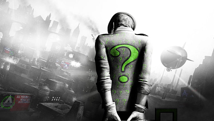 Ilustración del hombre, verde, Batman, el signo de interrogación, Arkham City, el Riddler, Riddler, Fondo de pantalla HD