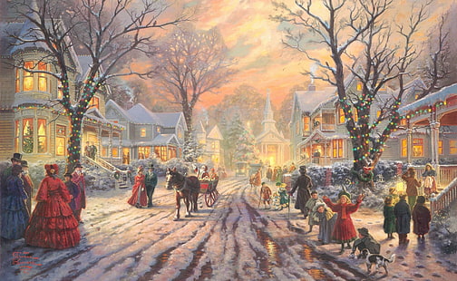 Victorian Christmas Carol by Thomas Kinkade, people walking on snow covered road between houses painting, Holidays, Christmas, Carol, Victorian, thomas kinkade, HD wallpaper HD wallpaper