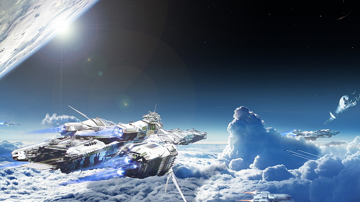 biało-czarna ilustracja statku kosmicznego, przestrzeń, statek kosmiczny, Dreadnought, Star Citizen, przewoźnik klasy bengalskiej, chmury, flara obiektywu, planeta, Tapety HD