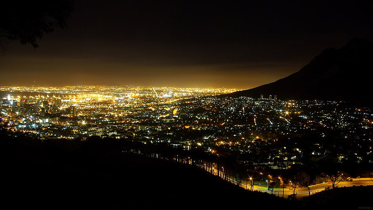 огни города, Кейптаун, городской пейзаж, огни, ночь, ЮАР, HD обои