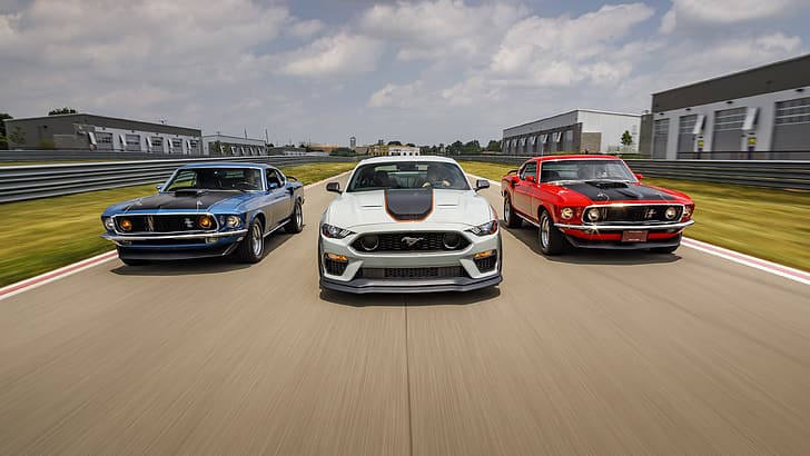 Ford Mustang Mach 1, mobil, Ford Mustang, mobil otot, kendaraan, mobil biru, mobil putih, mobil merah, blur, Wallpaper HD