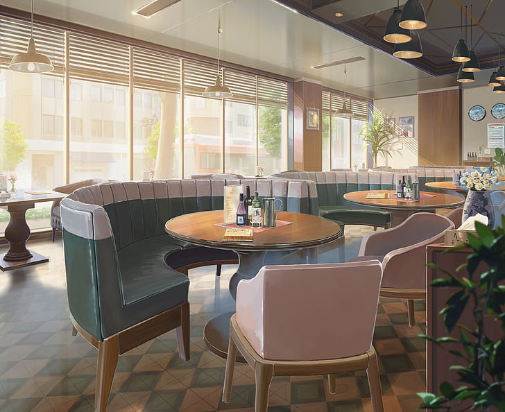 Anime, Original, Chaise, Café, Table, Fond d'écran HD