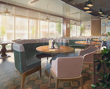 Anime, originale, sedia, caffetteria, tavolo, Sfondo HD HD wallpaper