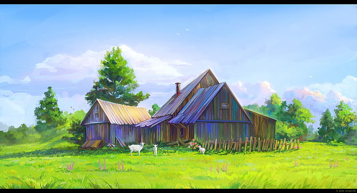 pintura de casa de madera marrón, graneros, ovejas, obras de arte, Fondo de pantalla HD