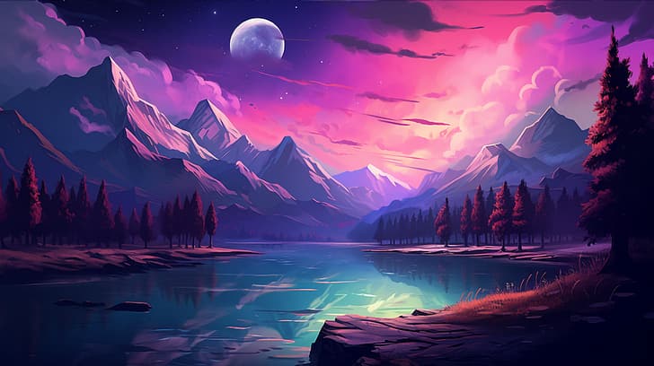 الجبال، الأرجواني، الأزرق، لعبة فنية ثنائية الأبعاد، الليل، الأشجار، خلفية HD