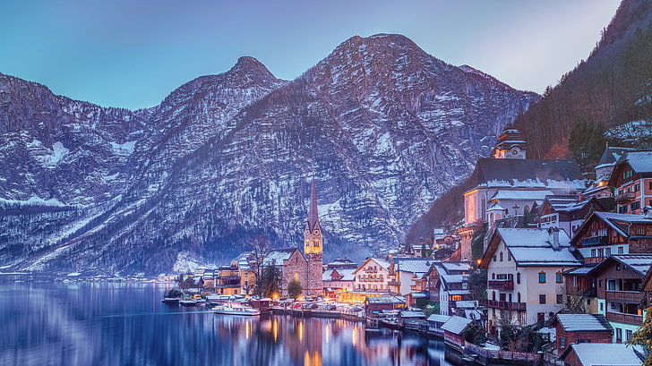 ภูเขาสีเทา, ฤดูหนาว, ภูเขา, ทะเลสาบ, บ้าน, ออสเตรีย, เทือกเขาแอลป์, Hallstatt, ทะเลสาบ Hallstatt, วอลล์เปเปอร์ HD