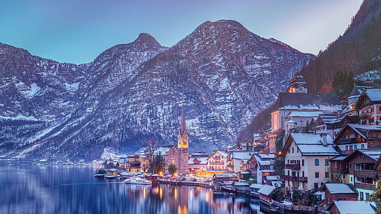 szara góra, zima, góry, jezioro, dom, Austria, Alpy, Hallstatt, Jezioro Hallstatt, Tapety HD HD wallpaper