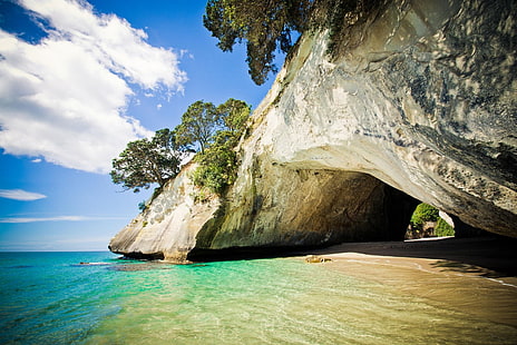 водоем, природа, пейзаж, фотография, пещера, скалы, деревья, пляж, море, песок, облака, Новая Зеландия, HD обои HD wallpaper
