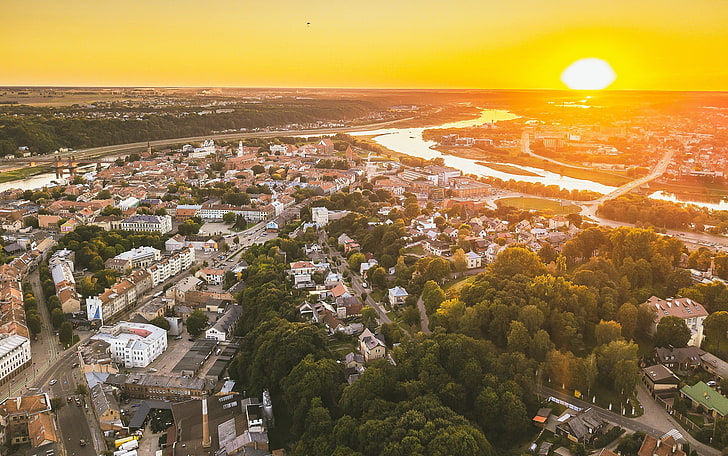 Lithuania, Kaunas, matahari terbenam, Wallpaper HD