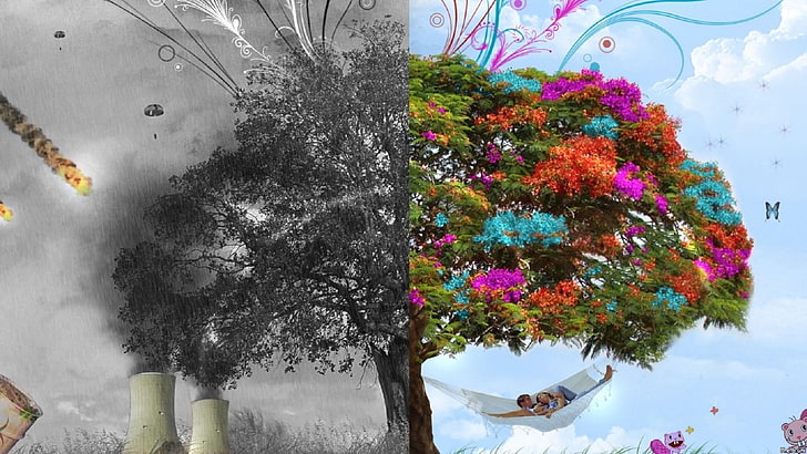 przyroda drzewa sezony kreatywna sztuka cyfrowa cztery pory roku 1920x1080 Natura pory roku Sztuka HD, przyroda, drzewa, Tapety HD