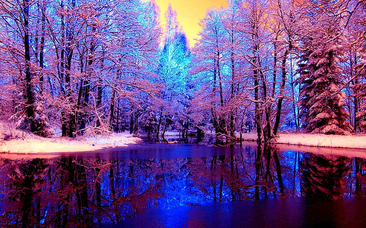 Winter River At Dusk, river, frozen, winter, sunset, 3d and abstract, HD wallpaper