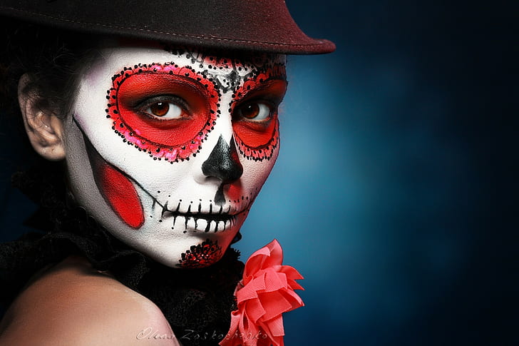 makeup, Halloween, hat, Sugar Skull, HD wallpaper