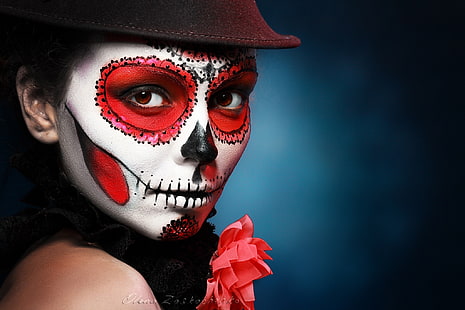 Sugar Skull, Halloween, makeup, topi, Dia de los Muertos, cat wajah, Wallpaper HD HD wallpaper