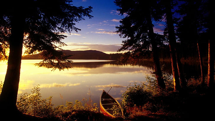 Bateau, lac, coucher de soleil, arbres, beaux paysages naturels, bateau, lac, coucher de soleil, arbres, beaux paysages naturels, Fond d'écran HD