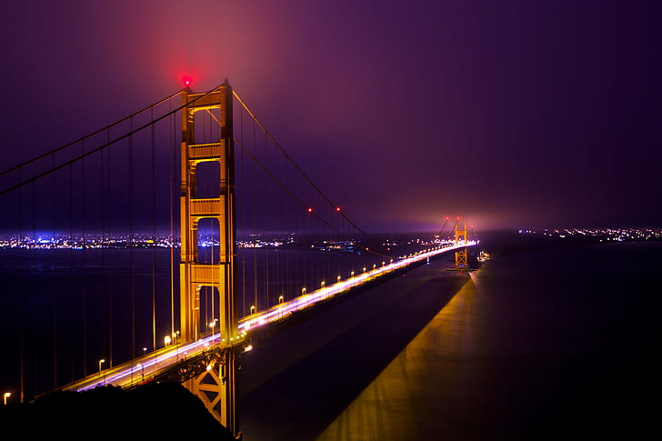 Бруклинский мост в ночное время, старый, выстрел, Бруклинский мост, ночное время, золотые ворота, ночь ворот, долгая ночь, долгая выдержка, Сан-Франциско, мост, океанская вода, облако, туман, противотуманные фары, живопись света, canon eos 5d markII, известное место, США, мост - Рукотворное сооружение, Калифорния, округ Сан-Франциско, подвесной мост, архитектура, ночь, море, мост Золотые ворота, закат, сумерки, городской пейзаж, транспорт, небо, городская сцена, путешествия, город, трафик, городской горизонт, красный, HD обои
