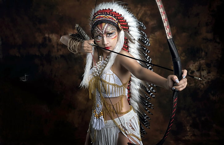 Women, Native American, Asian, Bow, Cosplay, Feather, Girl, Makeup, Model, Woman, HD wallpaper
