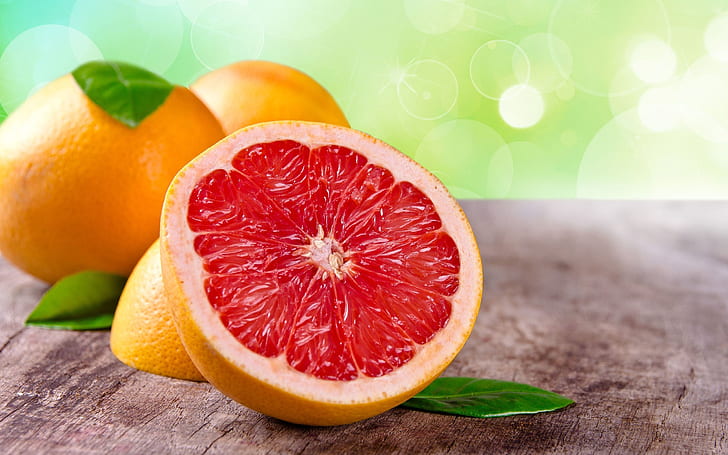 Grapefruit, fruit, leaves, orange, red, Grapefruit, Fruit, Leaves, Orange, Red, HD wallpaper