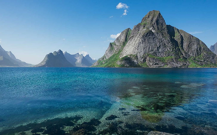 naturaleza, paisaje, montañas, isla, Lofoten, Noruega, verano, fiordo, agua, Fondo de pantalla HD